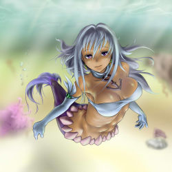 Rule 34 | 1girl, abs, anchor, blue hair, breasts, bubble, coral, dark-skinned female, dark skin, earrings, fang, fins, fish tail, gloves, jewelry, large breasts, levia-san, mermaid, monster girl, namiuchigiwa no muromi-san, necklace, purple eyes, scales, shell, solo, tail, toned, underwater, uyorl, water