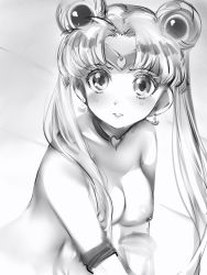 Rule 34 | 1girl, armband, bad id, bad twitter id, bishoujo senshi sailor moon, breasts, choker, crescent, crescent earrings, derivative work, diadem, earrings, from side, greyscale, hair ornament, heart, heart choker, highres, jewelry, large breasts, long hair, looking at viewer, meme, monochrome, nanashi (nlo), nipples, nude, parted bangs, parted lips, sailor moon, sailor moon redraw challenge (meme), screenshot redraw, solo, tsukino usagi, twintails