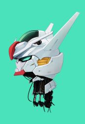 Rule 34 | absurdres, cable, character name, green background, green eyes, gundam, gundam aerial, gundam suisei no majo, head only, highres, mecha, no humans, piston, profile, robot, science fiction, simple background, the atko, v-fin