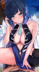 Rule 34 | 1girl, absurdres, aether (genshin impact), black hair, blue hair, blush, bob cut, breasts, clothed sex, covered penetration, diagonal bangs, efuri (riarea00), genshin impact, girl on top, green eyes, highres, large breasts, looking at viewer, mole, mole on breast, multicolored hair, pelvic curtain, pov, sex, short hair, thighs, two-tone hair, yelan (genshin impact)