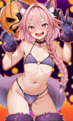 1boy absurdres animal_ears astolfo_(fate) bikini black_bow bow braid bulge crossdressing fake_animal_ears fake_tail fangs fate/grand_order fate_(series) fur-trimmed_gloves fur-trimmed_thighhighs fur_trim gloves hair_bow hair_intakes halloween_costume highres long_braid long_hair looking_at_viewer male_focus multicolored_hair navel open_mouth patyu3 pink_hair purple_bikini purple_eyes purple_gloves purple_thighhighs single_braid solo streaked_hair swimsuit tail thighhighs trap white_hair wolf_ears wolf_tail