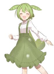 Rule 34 | 1girl, adapted costume, breasts, closed eyes, collared shirt, facing viewer, feet out of frame, frilled skirt, frills, green hair, green skirt, highres, long sleeves, open mouth, shirt, simple background, skirt, small breasts, smile, solo, standing, suiren nei, suspender skirt, suspenders, voicevox, white background, white shirt, zundamon