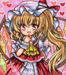 Rule 34 | 1girl, ascot, blonde hair, bow, brooch, cowboy shot, embellished costume, fang, flandre scarlet, hand to own mouth, hand up, hat, hat bow, heart, jewelry, light blush, long hair, looking at viewer, marker (medium), mob cap, one side up, open mouth, pink background, red bow, red eyes, red skirt, red vest, rui (sugar3), sample watermark, shirt, short sleeves, skirt, skirt set, smile, solo, standing, touhou, traditional media, vest, watermark, white hat, white shirt, wings, wrist cuffs, yellow ascot