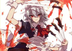 Rule 34 | 1girl, apron, ascot, bad id, bad twitter id, blood, bow, commentary, frills, grey hair, hair between eyes, hair bow, holding, holding knife, izayoi sakuya, knife, looking at viewer, maid apron, maid headdress, red ascot, red bow, red eyes, ribbon, short hair, smile, solo, togeppoi, touhou, white ribbon, wrist cuffs