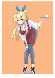 Rule 34 | 1girl, antenna hair, apron, blonde hair, blue bow, blush, bow, breasts, cevio, cup, denim, full body, green eyes, hair bow, hair ornament, highres, holding, holding tray, jeans, large breasts, long hair, one eye closed, pants, ponytail, red apron, shoes, smile, solo, tray, tsurumaki maki, voiceroid, zooanime