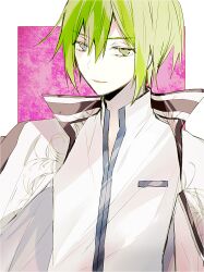 Rule 34 | 1boy, alice=alice, collared shirt, green eyes, green hair, highres, jacket, jacket on shoulders, long sleeves, looking at viewer, male focus, multicolored background, open mouth, pink background, qi7pi, shirt, short hair, smirk, solo, ura alice, white background, white shirt