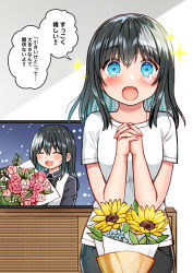 Rule 34 | 1girl, :d, :o, ^ ^, black bow, black bowtie, black pants, black shirt, blue eyes, blue flower, blue hair, blush, bouquet, bow, bowtie, closed eyes, collared shirt, commentary request, flat screen tv, flower, hair between eyes, hands up, highres, interlocked fingers, kurata rine, multicolored hair, open mouth, original, own hands together, pants, pink flower, pink rose, rose, shirt, short sleeves, smile, solo, sparkle, television, translation request, two-tone hair, vest, white shirt, white vest, yellow flower
