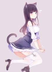 Rule 34 | 1girl, animal ears, ass, bare shoulders, black collar, black skirt, blush, breasts, brown background, brown eyes, brown footwear, brown hair, cat ears, cat girl, cat tail, chikuwa., collar, commentary request, cuffs, flying sweatdrops, frilled skirt, frills, handcuffs, high-waist skirt, high heels, highres, long hair, medium breasts, off-shoulder shirt, off shoulder, original, parted lips, puffy short sleeves, puffy sleeves, shirt, shoes, short sleeves, simple background, skirt, solo, spiked collar, spikes, suspender skirt, suspenders, tail, thighhighs, white shirt, white thighhighs