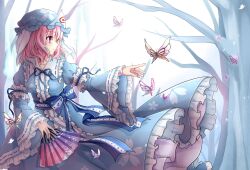 Rule 34 | 1girl, absurdres, arm garter, bare tree, blue bow, blue dress, blue hat, blue ribbon, bow, bug, butterfly, commentary request, dress, floral print, folding fan, frilled dress, frilled sleeves, frills, gyaza, hand fan, hat, highres, holding, insect, outdoors, outstretched arm, pink eyes, pink hair, reaching, reaching towards viewer, ribbon, saigyouji yuyuko, short hair, solo, standing, touhou, tree, triangular headpiece, wide sleeves