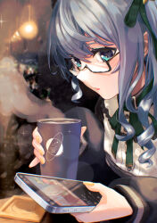 Rule 34 | 1girl, blue eyes, blue hair, cafe, cellphone, coaster, coffee, coffee cup, commentary request, cup, disposable cup, glasses, hair ribbon, highres, hololive, hoshimachi suisei, hoshimachi suisei (streetwear), lips, long sleeves, nail polish, nattoushouyu3, phone, restaurant, ribbon, side ponytail, smartphone, solo, star (symbol), star in eye, steam, symbol in eye, virtual youtuber