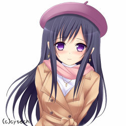 Rule 34 | 1girl, arms behind back, bad id, bad pixiv id, blush, breasts, earrings, hat, jewelry, long hair, looking at viewer, mikan (5555), otome tensei grimoire den, purple eyes, simple background, smile, solo, very long hair, white background