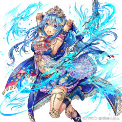 Rule 34 | 1girl, :d, armband, armpits, arms up, belt, blue eyes, blue footwear, blue hair, blue skirt, blush, boots, bow (weapon), breasts, cape, cleavage, company name, copyright name, crescent, crescent hair ornament, dress, elbow gloves, eyebrows, frilled skirt, frills, gloves, hair between eyes, hair ornament, hair ribbon, holding, holding weapon, jewelry, knee pads, leg up, long hair, looking at viewer, madogawa, matching hair/eyes, medium breasts, navel, official art, open mouth, original, ribbon, simple background, skirt, smile, solo, tiara, tower of dragon, wand, water, weapon, white background, wings