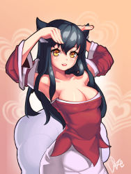 Rule 34 | 1girl, :3, absurdres, ahri (league of legends), animal ears, armpits, bad id, bad pixiv id, black hair, breasts, caramelldansen, cleavage, dduck kong, detached sleeves, dke, fox ears, fox tail, heart, highres, korean clothes, league of legends, long hair, looking at viewer, multiple tails, open mouth, solo, tail, yellow eyes