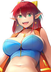 Rule 34 | 1girl, ahoge, arms at sides, bad id, bad pixiv id, bare shoulders, bow, breasts, bustier, choker, cleavage, collarbone, earrings, from below, green eyes, hair between eyes, hair bow, jewelry, large breasts, looking at viewer, magical halloween, medium hair, midriff, navel, open mouth, pointy ears, red hair, sidelocks, simple background, smile, umihotaru harumare, upper body, white background