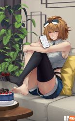 Rule 34 | 1girl, absurdres, barefoot, birthday cake, black thighhighs, blush, box, brown hair, cake, cellphone, couch, feet, food, gift, gift box, girls&#039; frontline, grin, grizzly mkv (girls&#039; frontline), highres, looking at viewer, medium hair, phone, pink eyes, short shorts, shorts, single sock, sleeveless, smartphone, smile, socks, soles, sunglasses on head, thighhighs, toes