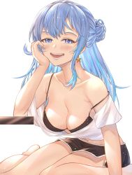 Rule 34 | 1girl, absurdres, alternate breast size, blue eyes, blue hair, blush, breasts, cleavage, collarbone, hair between eyes, hair bun, highres, hololive, honkivampy, hoshimachi suisei, jewelry, long hair, looking at viewer, medium breasts, open mouth, shirt, short shorts, shorts, smile, solo, star (symbol), star in eye, symbol in eye, virtual youtuber, white background