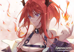 Rule 34 | 1girl, arknights, bare shoulders, breasts, cleavage, commentary, copyright name, detached collar, hair between eyes, hand up, highres, horns, large breasts, long hair, long sleeves, purple eyes, red hair, solo, surtr (arknights), upper body, ws (yc3eob417ptr451)
