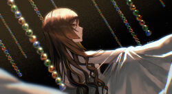 1girl absurdres back beads black_background blunt_ends blurry breasts brown_hair chiori_(genshin_impact) chromatic_aberration covering_privates curly_hair film_grain from_behind genshin_impact highres hime_cut light_particles long_hair looking_at_viewer multicolored_hair nude nude_cover profile red_eyes redhaaaat see-through_clothes simple_background solo twitter_username underboob upper_body watermark