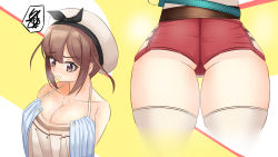 Rule 34 | 1girl, artist request, ass, atelier (series), atelier ryza, atelier ryza 2, bare shoulders, blush, breasts, brown eyes, brown hair, from behind, hair ornament, hair ribbon, hairclip, hat, highres, large breasts, looking down, multiple views, red shorts, reisalin stout, ribbon, shiny skin, short hair, short shorts, shorts, thighhighs