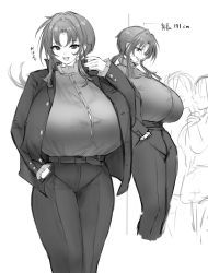 Rule 34 | 1girl, belt, breasts, commentary request, doinaka, frilled shirt collar, frills, gigantic breasts, greyscale, hands in pockets, highres, jacket, looking at another, looking down, mole, monochrome, open clothes, open jacket, original, pants, sharp teeth, smile, tall female, teeth, translated, tsurime