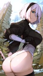 Rule 34 | 1girl, 2b (nier:automata), ass, ass focus, black hairband, black shirt, black thighhighs, blue eyes, blue sky, breasts, closed mouth, cloud, commentary, curvy, feather-trimmed sleeves, gloves, hair between eyes, hairband, highleg, highleg leotard, highres, katana, large breasts, leotard, looking at viewer, looking back, nasubin (nasubisamurai15), nier:automata, nier (series), outdoors, shiny skin, shirt, short hair, sky, solo, sword, symbol-only commentary, thighhighs, thong leotard, weapon, white hair, white leotard, wide hips