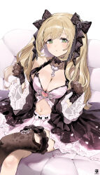 Rule 34 | 1girl, absurdres, asymmetrical legwear, black dress, blush, breasts, cleavage, collarbone, couch, crossed legs, dohyo123123, dress, feet out of frame, green eyes, hair ribbon, highres, idolmaster, idolmaster cinderella girls, light brown hair, long hair, looking at viewer, medium breasts, navel, on couch, pink skirt, ribbon, sato shin, sitting, skirt, solo, twintails, very long hair