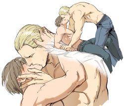 Rule 34 | 2boys, bara, bed, belt, blonde hair, blue pants, blush, brown belt, brown hair, closed eyes, couple, hand on another&#039;s cheek, hand on another&#039;s face, hand on another&#039;s head, jack krauser, kiss, lying, male focus, multiple boys, muscular, muscular male, on back, on bed, pants, resident evil, resident evil: the darkside chronicles, resident evil 4, short hair, tatsumi (psmhbpiuczn), topless male, white background, yaoi