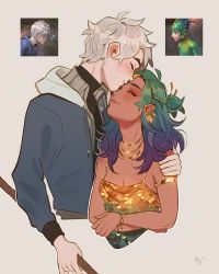Rule 34 | 1boy, 1girl, aleikats, animification, armlet, blue hair, bracelet, breasts, commentary, dark-skinned female, dark skin, earrings, english commentary, closed eyes, gold necklace, gradient hair, green hair, hetero, highres, holding, holding polearm, holding weapon, hood, hoodie, jack frost (rise of the guardians), jewelry, kiss, kissing forehead, long sleeves, medium breasts, medium hair, multicolored hair, necklace, photo-referenced, pointy ears, polearm, purple hair, rise of the guardians, short hair, toothiana (rise of the guardians), weapon, white background, white hair