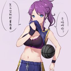 Rule 34 | 1girl, armpits, ball, bare arms, bare shoulders, basketball, basketball (object), basketball uniform, black bra, blue eyes, blue shorts, blush, bow, bow bra, bra, braid, breasts, chinese text, cleavage, collarbone, cowboy shot, earclip, french braid, french kiss, kiss, long hair, looking at viewer, medium breasts, navel, original, ponytail, purple hair, shiny skin, shorts, simplified chinese text, sleeveless, solo, speech bubble, sports bra, sportswear, standing, stomach, sweat, sweatband, swept bangs, translation request, tsurime, underwear, white bow, wiping sweat, xiujia yihuizi, zipper