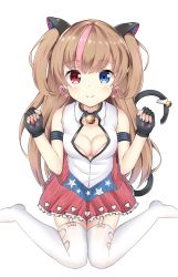 Rule 34 | 1girl, absurdres, american flag dress, bare shoulders, bell, black gloves, blue eyes, blush, bra, breasts, brown hair, cat tail, choker, cleavage, earrings, fingerless gloves, garter straps, girls&#039; frontline, gloves, heart, heart earrings, heterochromia, highres, jewelry, lace, lace-trimmed bra, lace trim, long hair, looking at viewer, medium breasts, mk23 (girls&#039; frontline), multicolored hair, neck bell, pink bra, pink hair, red eyes, seventeen (st17215), sitting, smile, solo, streaked hair, tail, tail bell, tail ornament, thighhighs, underwear, wariza, white background, white thighhighs