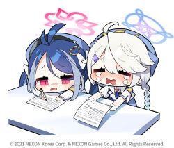 Rule 34 | 2girls, antenna hair, blue archive, blue hair, blush, braid, chibi, comic, company name, copyright notice, crying, donmin h, english text, fubuki (blue archive), gloves, hair between eyes, halo, hat, jacket, kirino (blue archive), long hair, multicolored hair, multiple girls, necktie, official art, police, police hat, police uniform, red eyes, second-party source, streaked hair, tagme, tears, twintails, uniform, white gloves, white hair, white jacket, writing
