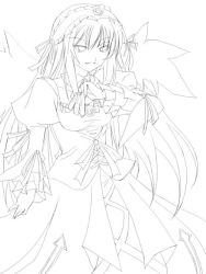 Rule 34 | 00s, 1girl, arrow (symbol), cowboy shot, dress, frilled sleeves, frills, greyscale, hairband, lineart, lolita hairband, long sleeves, looking at viewer, monochrome, ribi, rozen maiden, simple background, solo, suigintou, white background, wings