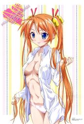 Rule 34 | 00s, 1girl, ahoge, ass, bare legs, bell, blue eyes, blush, bow, bow panties, breast pocket, breasts, breasts apart, character name, covered erect nipples, hair ornament, hair ribbon, hair up, happy, heart, holding, holding own hair, kagurazaka asuna, long hair, looking at viewer, mahou sensei negima!, medium breasts, mogi takuji, navel, nipples, no bra, open clothes, open shirt, orange hair, panties, parted lips, partially undressed, pink panties, pocket, ponytail, ribbon, shirt, shirt pocket, smile, solo, stomach, text focus, twintails, unbuttoned, unbuttoned shirt, underwear, very long hair, white shirt