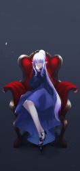 Rule 34 | 1girl, absurdres, black sweater, blue footwear, blue skirt, chair, closed mouth, fate/grand order, fate (series), full body, grey background, hair between eyes, high-waist skirt, high heels, high ponytail, highres, long hair, long skirt, long sleeves, looking at viewer, medea (lily) (fate), pointy ears, pumps, purple eyes, shin&#039;ya (yukiura), shoes, sidelocks, silver hair, simple background, sitting, skirt, smile, solo, stiletto heels, sweater, very long hair