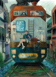 Rule 34 | 1boy, air conditioner, animal, bag, blue shirt, blue shorts, book on lap, boots, bow, bowtie, brown hair, brown shorts, building, cat, chimney, clothed animal, collared shirt, commentary request, crossed legs, day, dog, highres, industrial pipe, knee boots, korean commentary, ladder, lamp, looking at viewer, moss, n0ma, oil painting (medium), original, outdoors, overgrown, painting (medium), rabbit, railing, railroad tracks, scenery, shirt, short hair, shorts, shoulder bag, sitting, smoke, suitcase, traditional media, train, water, white footwear, wide shot, window, yellow bow, yellow bowtie