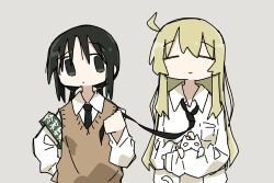Rule 34 | 2girls, = =, absurdres, ahoge, animal, armband, black eyes, black hair, black necktie, blonde hair, brown sweater vest, cat, chito (shoujo shuumatsu ryokou), closed eyes, closed mouth, collared shirt, commentary request, dot mouth, dress shirt, expressionless, facing viewer, green armband, grey background, hand on own hip, hand up, hands up, highres, holding, holding animal, holding cat, long hair, long sleeves, looking at another, low twintails, multiple girls, necktie, necktie grab, neckwear grab, nuko (shoujo shuumatsu ryokou), shirt, shoujo shuumatsu ryokou, sideways glance, simple background, smile, sweater vest, tareme, tokiwa (914), twintails, upper body, white cat, white shirt, yuuri (shoujo shuumatsu ryokou)