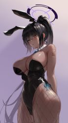 Rule 34 | 1girl, animal ears, arms behind back, black hair, black leotard, blue archive, blue bow, blue bowtie, bow, bowtie, breasts, chochomi00, cleavage, corrupted twitter file, curvy, dark-skinned female, dark skin, detached collar, fake animal ears, fishnet pantyhose, fishnets, from below, hair between eyes, halo, high ponytail, highleg, highleg leotard, highres, karin (blue archive), karin (bunny) (blue archive), large breasts, leotard, long hair, number tattoo, official alternate costume, pantyhose, playboy bunny, ponytail, purple background, rabbit ears, shoulder tattoo, sidelocks, strapless, strapless leotard, tattoo, thick thighs, thighs, thong leotard, traditional bowtie, very long hair, wide hips, yellow eyes