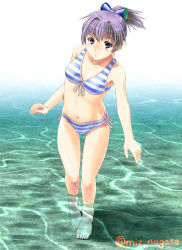 Rule 34 | 1girl, alternate hair color, barefoot, bikini, blue eyes, breasts, commentary request, front-tie top, full body, kantai collection, looking at viewer, nagase mizuchi, ponytail, purple hair, shiranui (kancolle), short hair, side-tie bikini bottom, small breasts, solo, striped bikini, striped clothes, swimsuit, twitter username, wading, water