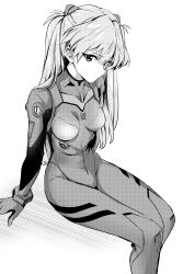 Rule 34 | 1girl, absurdres, artist request, bodysuit, breasts, curvy, highres, legs together, long hair, looking at viewer, monochrome, neon genesis evangelion, plugsuit, simple background, sitting, skin tight, solo, souryuu asuka langley, two side up, white background, wide hips