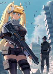 Rule 34 | 1boy, 1girl, :o, absurdres, ame arare, armor, belt, belt pouch, black shorts, black thighhighs, blonde hair, blue eyes, breasts, commander (nikke), day, goddess of victory: nikke, highres, hip bones, holding, holding weapon, idoll sun (nikke), jacket, large breasts, leotard, long hair, military jacket, military uniform, outdoors, parted lips, pouch, ruins, short shorts, shorts, shoulder armor, smoking, standing, thigh pouch, thighhighs, trigger discipline, twintails, uniform, visor (armor), weapon