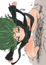 Rule 34 | 1girl, anger vein, basukechi, black dress, blush, breasts, cameltoe, closed mouth, covered erect nipples, crack, cracked wall, curly hair, debris, dress, green eyes, green hair, highres, impossible clothes, long sleeves, looking at viewer, matching hair/eyes, medium breasts, one-punch man, panties, short hair, solo, spread legs, squatting, sweat, tatsumaki, underwear, white panties
