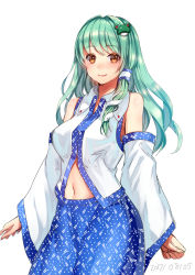 Rule 34 | 1girl, bad id, bad pixiv id, blue skirt, breasts, closed mouth, collared shirt, dated, detached sleeves, frog hair ornament, green hair, hair ornament, hair tubes, highres, kochiya sanae, large breasts, long hair, looking at viewer, navel, orange eyes, shirt, simple background, skirt, smile, snake hair ornament, solo, touhou, tsukiriran, white background, wide sleeves