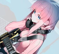 Rule 34 | 1girl, akg k-series headphones, blue eyes, bocchi the rock!, breasts, closed mouth, commentary, dutch angle, electric guitar, english commentary, gibson les paul, gotoh hitori, guitar, hair between eyes, hair over eyes, headphones, headphones around neck, holding, holding headphones, holding instrument, instrument, jacket, light blush, long hair, long sleeves, looking at viewer, pink hair, pink jacket, pro-p, simple background, small breasts, solo, standing, track jacket, upper body