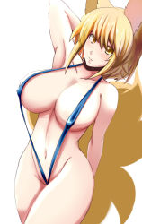 Rule 34 | 1girl, animal ears, arm up, blonde hair, breasts, curvy, dearmybrothers, female focus, fox ears, fox tail, groin, highres, huge breasts, looking at viewer, multiple tails, navel, slingshot swimsuit, solo, swimsuit, tail, touhou, wide hips, yakumo ran, yellow eyes