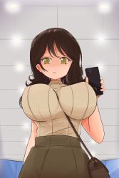 Rule 34 | 1girl, absurdres, blush, breasts, brown hair, cellphone, closed mouth, extra, highres, iphone, jashin-chan dropkick, large breasts, looking at viewer, phone, smartphone, solo, sweater, upper body, yellow eyes