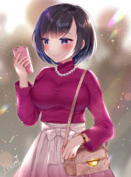 Rule 34 | 1girl, bag, black hair, blouse, blue eyes, blush, bow skirt, bracelet, breasts, cellphone, handbag, jewelry, large breasts, lens flare, long sleeves, looking at phone, naomi (fantasia), necklace, original, pearl necklace, phone, red shirt, ring, shirt, short hair, skirt, smartphone, smile, solo, swept bangs, white skirt
