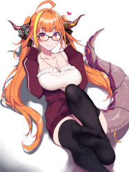 Rule 34 | 1girl, ahoge, black thighhighs, blonde hair, blunt bangs, bow, breasts, camisole, diagonal-striped bow, dragon girl, dragon horns, frilled camisole, frills, glasses, hair intakes, hairband, highres, hololive, horn bow, horn ornament, horns, jacket, kiryu coco, kiryu coco (loungewear), large breasts, long hair, looking at viewer, multicolored hair, official alternate costume, open mouth, orange hair, pochi (pochi-goya), pointy ears, red eyes, see-through, simple background, solo, streaked hair, tail, thighhighs, virtual youtuber, white background