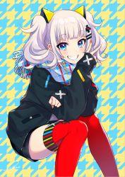 Rule 34 | 1girl, :d, black jacket, black shorts, black sweater, blue eyes, blue scarf, blunt bangs, blush, commentary request, d-pad, d-pad hair ornament, fringe trim, grin, hair ornament, hairclip, houndstooth, invisible chair, jacket, kaguya luna, long hair, long sleeves, looking at viewer, morikura en, multicolored nails, nail polish, open clothes, open jacket, open mouth, plaid, plaid scarf, red nails, red thighhighs, scarf, shirt, short shorts, shorts, sidelocks, signature, sitting, sleeves past wrists, smile, solo, sweater, teeth, the moon studio, thighhighs, twintails, virtual youtuber, white hair, white nails, white shirt