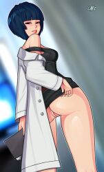Rule 34 | 1girl, ass, bare shoulders, black dress, blue hair, blunt bangs, blush, bob cut, bottomless, cleft of venus, clipboard, coat, dress, feet out of frame, female focus, from behind, gluteal fold, highres, holding, holding clipboard, lab coat, lip biting, lipstick, long sleeves, loodncrood, looking at viewer, looking back, makeup, no panties, parted lips, persona, persona 5, pussy, red eyes, red nails, short dress, short hair, skirt, solo, standing, strap slip, takemi tae, teeth, thighs, uncensored, white coat
