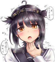 Rule 34 | 10s, 1boy, 1girl, admiral (kancolle), ahoge, anchor print, blush, bodysuit, brown eyes, brown hair, expressive hair, hair flaps, hair ribbon, hairband, hand on another&#039;s chin, hatsuzuki (kancolle), highres, kantai collection, looking at viewer, neit ni sei, open mouth, pov, ribbon, school uniform, scratching head, serafuku, stroking another&#039;s chin, sweatdrop, translation request